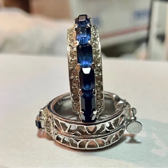 Silver-Toned Faux Blue Sapphire and Zirconia Hoop Earrings –Crystal Huggie Hoops - Picture 5 of 15